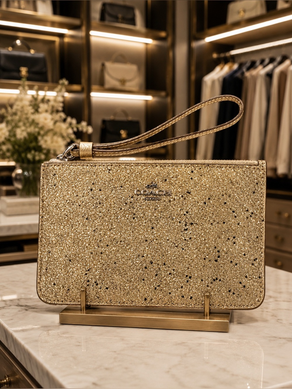 NWOT Coach Gold Glitter Corner Zip Wristlet Sparkle Wallet Clutch